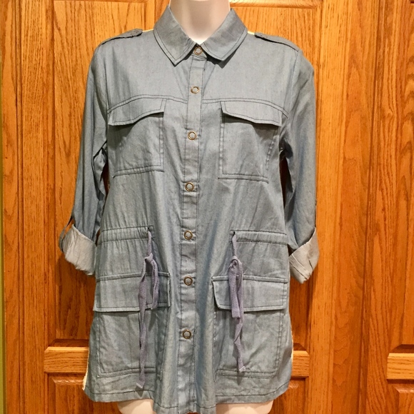 Jealous Tomato Utility Jacket/Top Ivory Lace Back Snap Front Blue Small - Picture 3 of 9